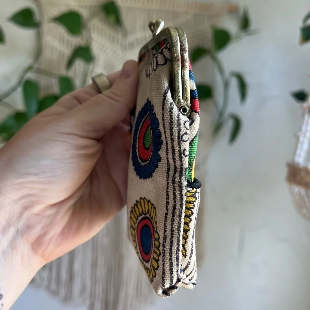 Vintage Canvas Coin Purse 70s Mod Floral Kiss Lock Wallet Boho Retro Pouch Bag